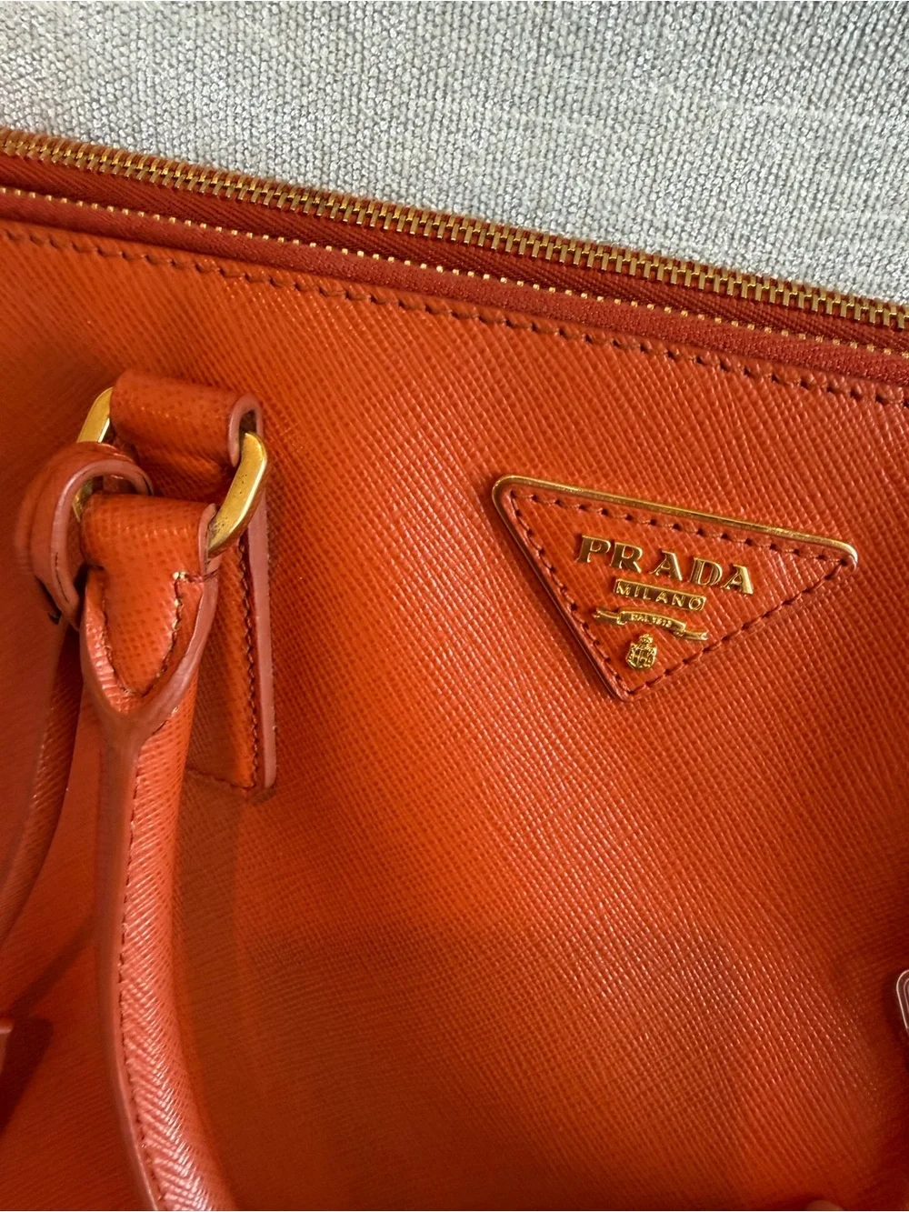Prada Orange Saffiano Double-Handle Tote with Gold Hardware